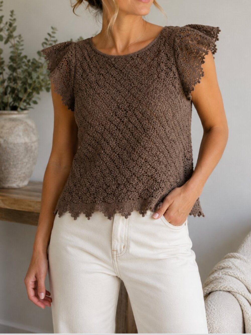 Milly of New York Crochet Knit Ruffle Sleeve Top Scallop Brown Boho Y2K Size 6